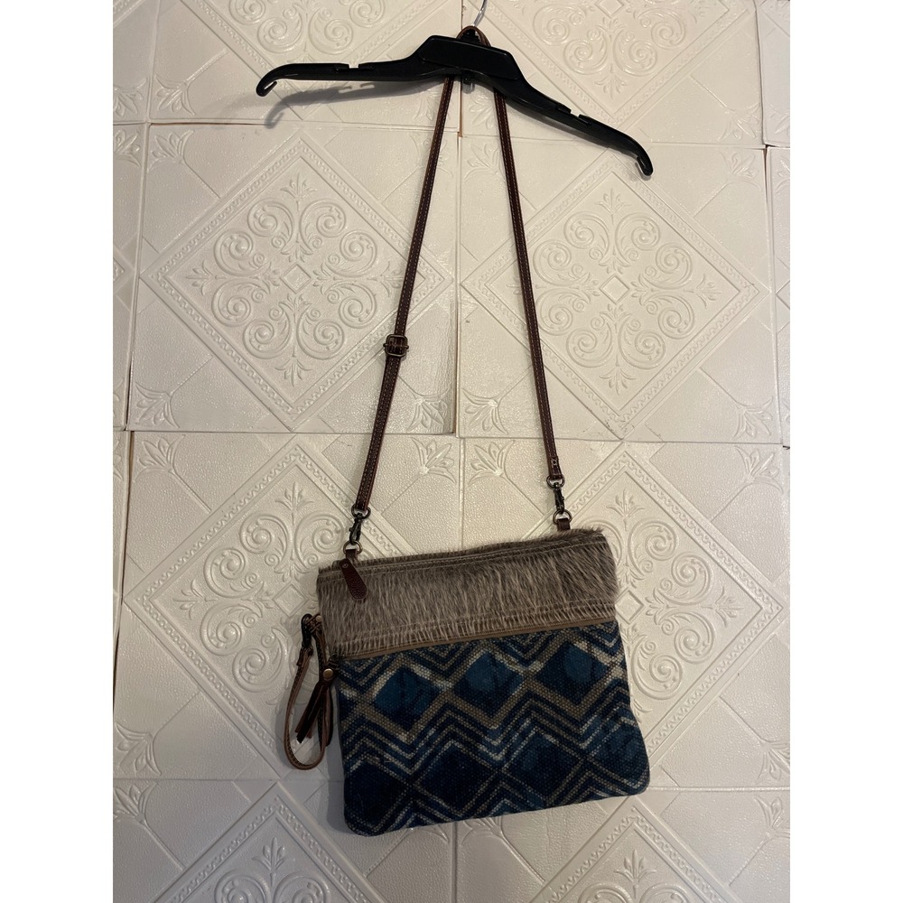 Myra Bag Blue Geometric Canvas Hair-on-Hide Leather Crossbody‎ Wristlet Bag